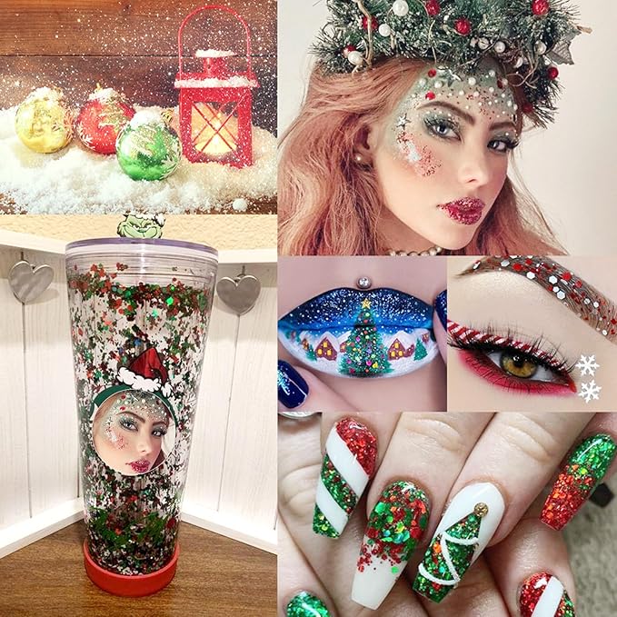Christmas Nail Art Glitters Sequins, 4 Boxes Multicolor Holographic Lrregular Shapes Glitters Stickers Decals with Christmas Snowflake Letter Star Tree Designs for Manicure DIY Xmas Decorations