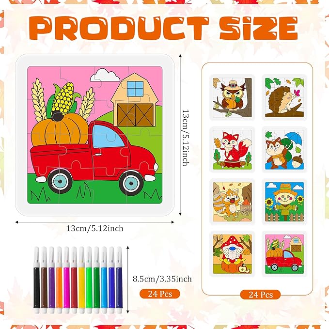 Cinrobiye 24 Set Fall Craft Kit Thanksgiving Coloring Puzzle Arts and Crafts Kit with Pumpkin Leaf Turkey Owl DIY Crafts Autumn Gift for Fall Holiday Home Classroom Activities Party Supplies