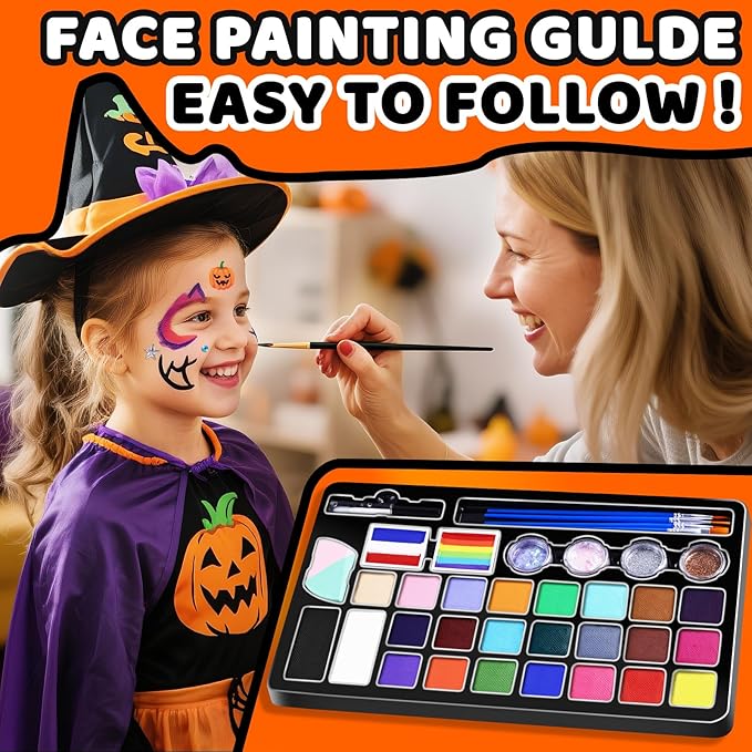 MGparty Face Painting Kit for Kids, 24 Colors Face Paint Set with Stencils, Glitter, Gem Stickers, Brushes,Tattoos, Non-Toxic Washable Face Paint for Halloween Birthday School Events