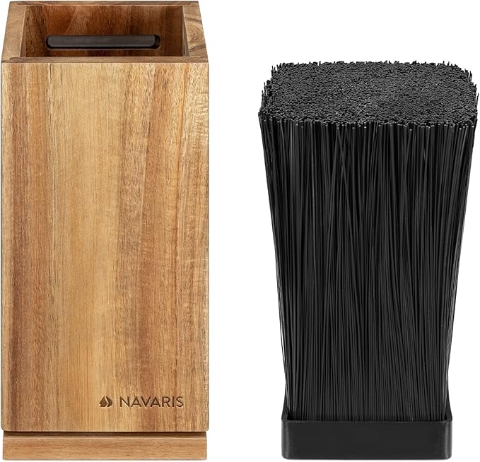 Navaris Rotating Wood Knife Block - Magnetic Universal Holder without Knives - Kitchen Storage with Plastic Bristles and Magnetic Sides - Acacia