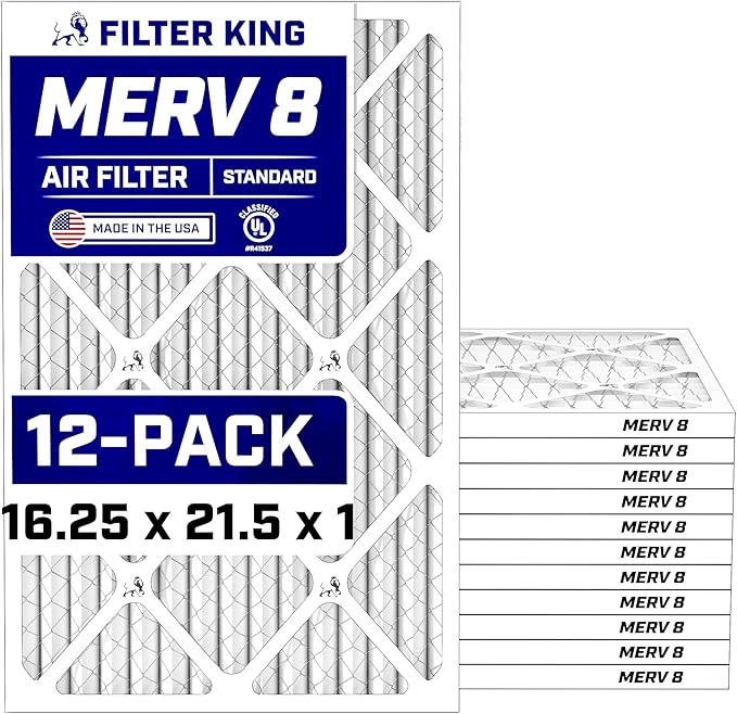 Filter King 16.25x21.5x1 Air Filter (MERV 8) (12-Pack) Dust & Allergy Control AC Furnace Filters, MADE IN USA, HVAC, Pleated, Electrostatic (Actual Size: 16.25 x 21.5 x .75)