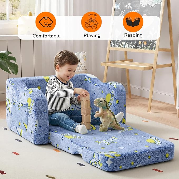 MeMoreCool Glowing Rocket Kids Chair, Glow-in-the-Dark Space Kids Couch, 2-in-1 Convertible Fold-Out Lounger with Soft Foam, Washable Cover for Boys Playroom, Denim Rocket | Reading, Lounging