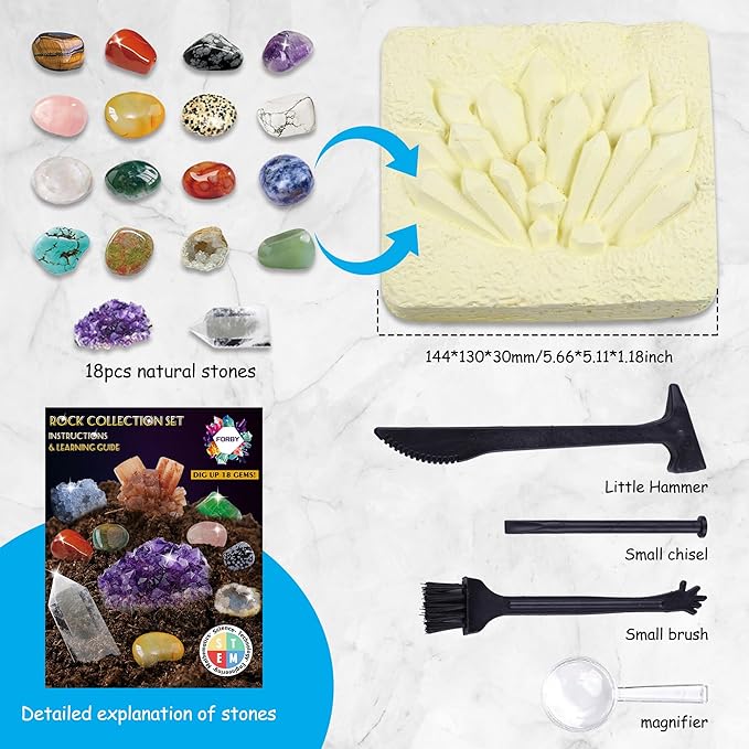 18PCS Natural Crystal Dig kit Dig Up Real Tumbled Polished Crystal Geode Cave Gemstones and Crystals Set, Gift Set for Women and Men Decoration