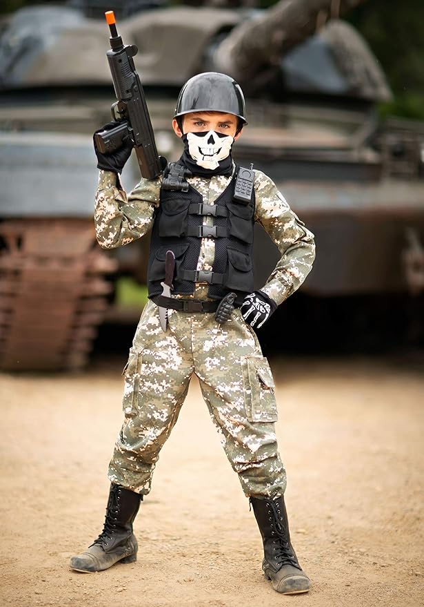 Kids Battle Soldier Costume | Boys Army Tactical Camouflaged Jumpsuit, Halloween Outfit with Skull Mask & Accessories