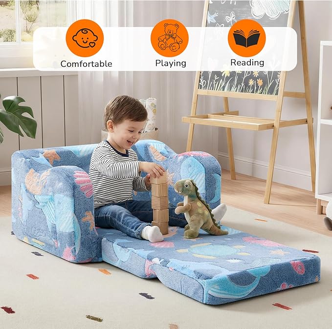 MeMoreCool Glowing Ocean Kids Chair - Glow-in-the-Dark 2-in-1 Kids Couch Fold Out to Lounger, Sea Life Foam Sofa with Seahorse Starfish Shell Print, Washable Cover for Ages 1-3 | Reading, Relaxing