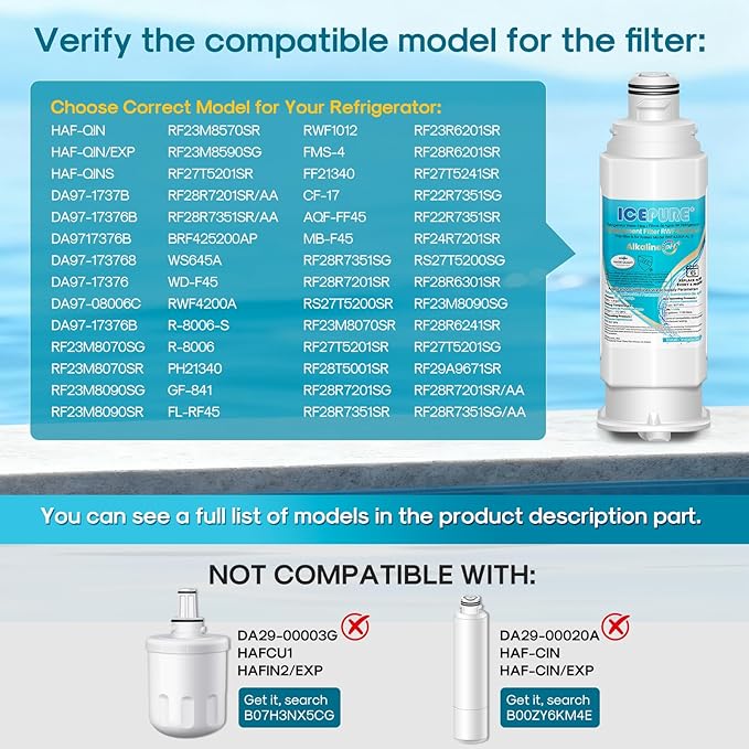 ICEPURE Alkaline DA97-17376B Refrigerator Water Filter Replacement for Samsung HAF-QIN/EXP, DA97-08006C, WD-F45, WS645A RS27T5200SR RS22T5201SR RF28R7201SR RF32CG5400SR RF23M8070SG, Enhances PH, 1Pack