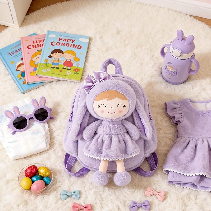 Gloveleya Back to School Gifts for Girls Bunny Toddler Backpack Plush Bag Baby Gift for Girl 2+ Years Old with Detachable Purple Rabbit Doll