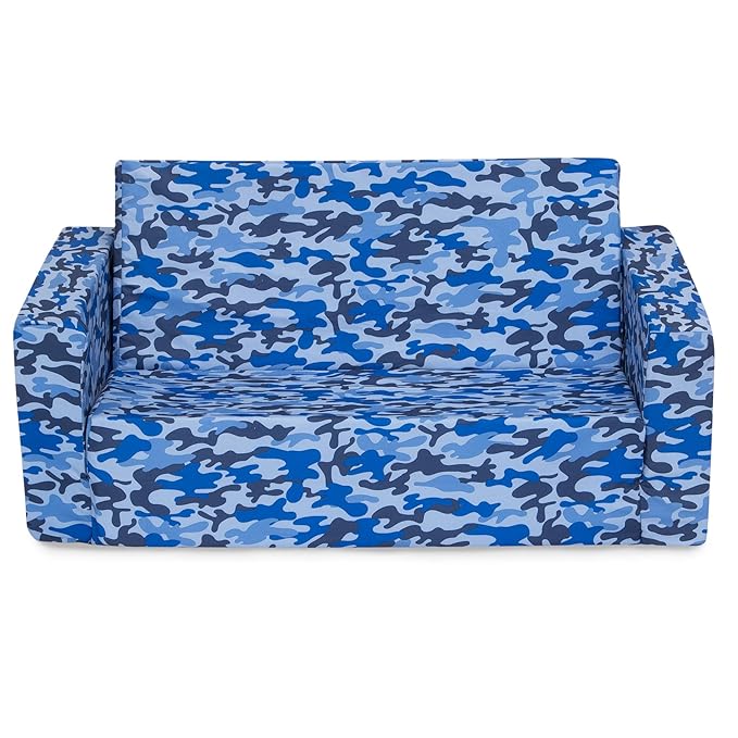 Delta Children Cozee 2-in-1 Sofa, 2-Seater Convertible Toddler Couch Sleeper, Wide 2-in-1 Flip Open Foam Chair for Playroom, Pet-Friendly, Bed Lounger, Comfy Play Sleeping Lounge Chair, Blue Camo