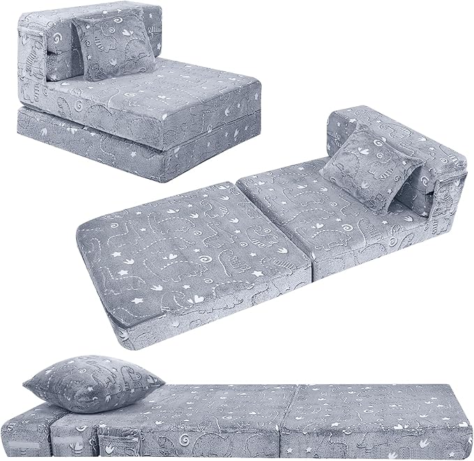 MeMoreCool Kids Floor Mattress Glow in The Dark, Convertible Sofa Couch, Folding Futon Chair Bed for Kids Playroom (Glowing Dinosaur)