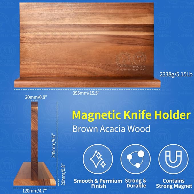 XYJ Extra Large Magnetic Knife Block Acacia Wood Knife Set Holder Stand With Stronge Magnetic Strip Kitchen Knives Storage Rack Organizer Tools No Drilling