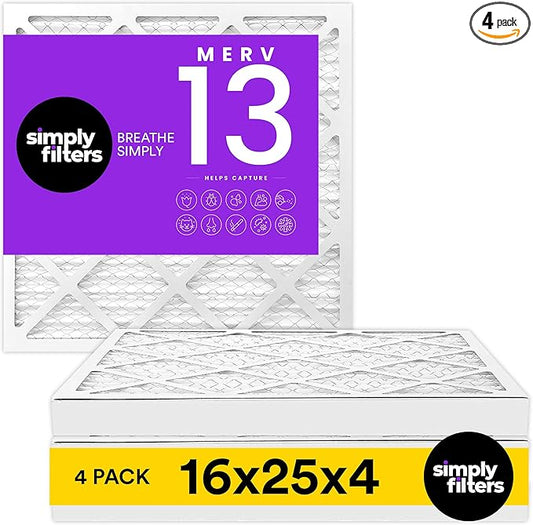 Simply 16x25x4 Air Filter, MERV 13, 4 Pack, Furnace Air Filter for HVAC (Actual Size: 16.5"x25.5"x3.63") DUST, Pet & Allergy Control