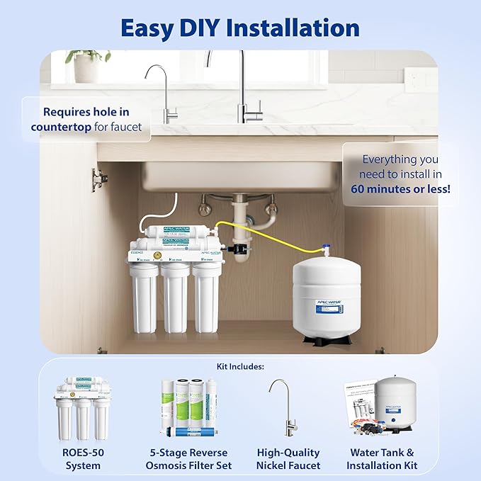 APEC Water 5-Stage Under Sink Reverse Osmosis Water Filter System, ROES-50 Essence Series, WQA Certified, 50 GPD, Reduces 99.99% of Contaminants, Home Water Filtration, DIY Install