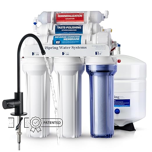 iSpring RCC7AK-BLK, NSF/ANSI 58 Certified, Alkaline 6-Stage Reverse Osmosis System with Stylish Black RO Faucet, pH+ Remineralization RO Water Filter System Under Sink