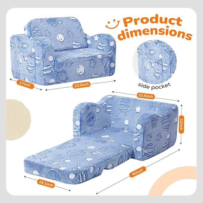 MeMoreCool Glowing Astronaut Planet Kids Chair, 2-in-1 Glow-in-the-Dark Space Kids Couch Fold Out to Lounger, Comfy Foam Sofa for Boys Ages 1-3, Convertible Recliner with Washable Cover | Reading, Relaxing
