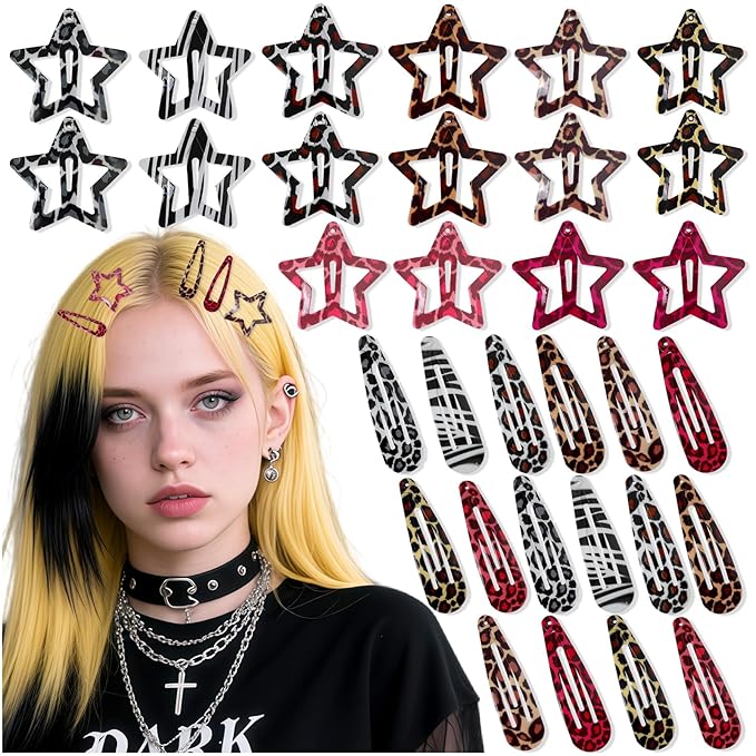 32Pcs Star Hair Clips Y2k Hair Clips Goth Leopard Metal Hair Clip for Thin Thick Curly Long Short Hair Bulk Cute Hair Barrettes Kawaii Snap Hair Pins Y2k Hair Accessories for Women Girls Styling Tools