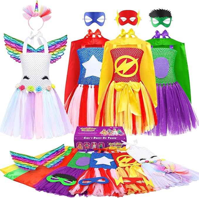 Girls Dress up Trunk Girl Pretend Play Costumes,12pcs Role Play Set with Supergirl Hero Costumes for Toddler Little Girl's Ages 3 4 5 6 Years