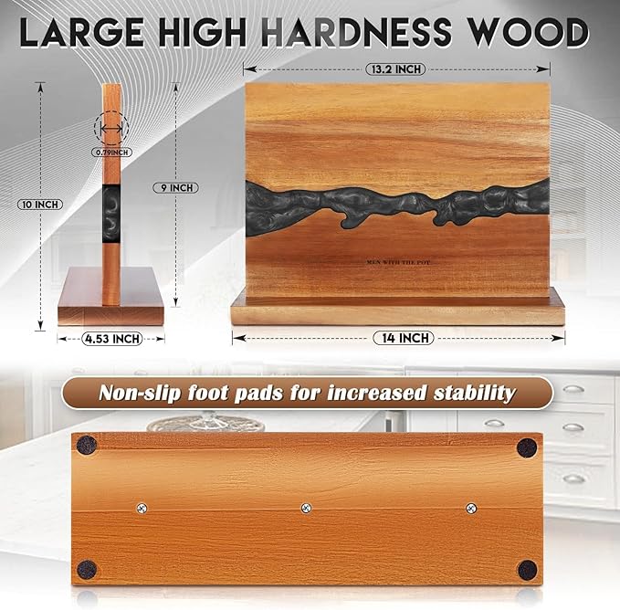MEN WITH THE POT Magnetic Knife Block 13 x 10 Inches, Double Sided Magnetic Knife Holder Rack for Kitchen Counter Top, Space Saving Free Standing Wood Magnetic Knife Storage Stand with Black Resin