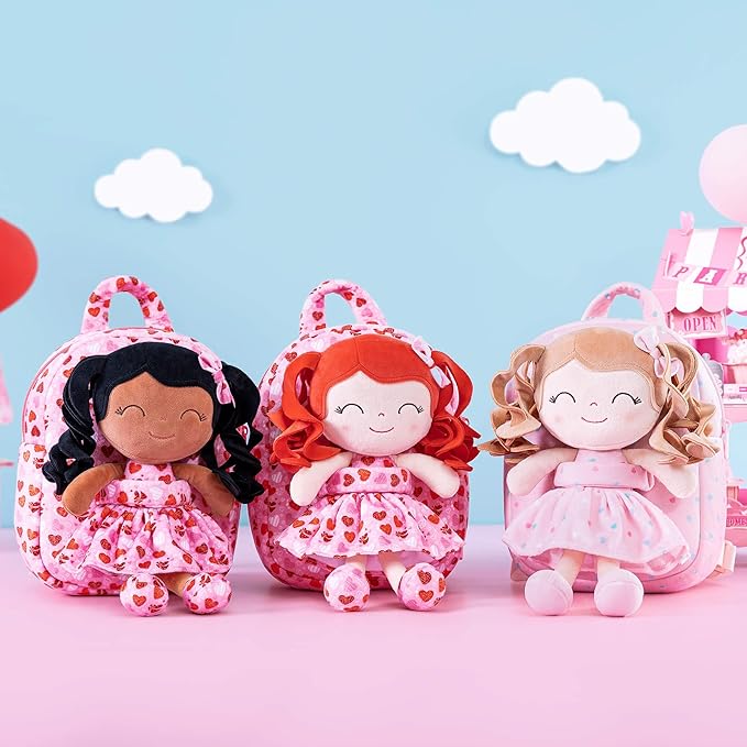 Gloveleya Toddler Girls Backpack Baby Girl Gifts Curly Hair Dolls I Love You Plush Doll with Heart Printed Dress Love Series 9inches