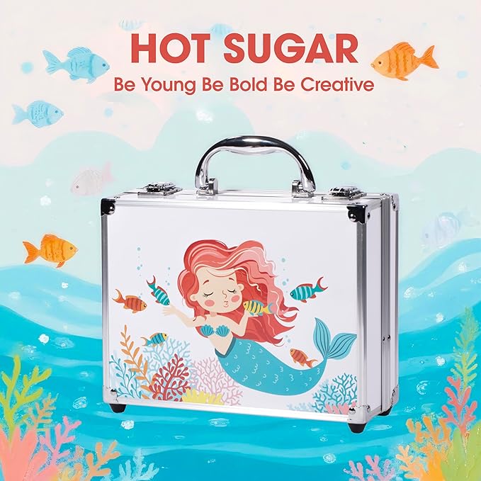 Hot Sugar Makeup Kit for Girls, Makeup Set with Reusable Train Case Includes Eyeshadow Palette, Blush, Lipstick, Lip Pencil, Eye Pencil