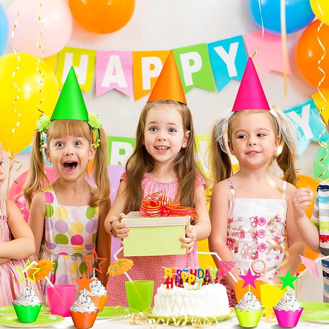 40 Pieces Glow Party Neon Party Supplies Glow Cake Toppers Neon Star Cake and Cupcake Wrappers Birthday Cupcake Pick for Glow Neon Birthday Wedding Halloween Party Black Light Reactive