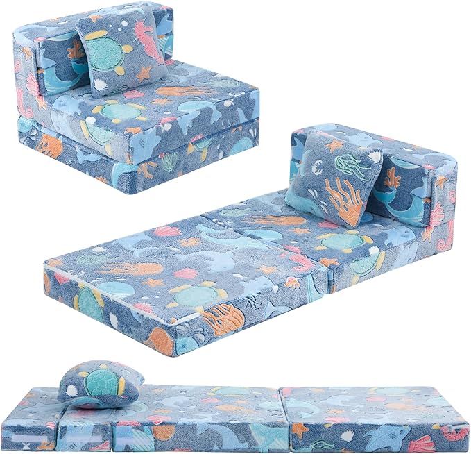 MeMoreCool Foldable Futon Chair Bed for Kids, Glow Tri-fold Sofa Bed Convertible Toddler Sofa Mattress, Foam Floor Couch for Sitting, Blue