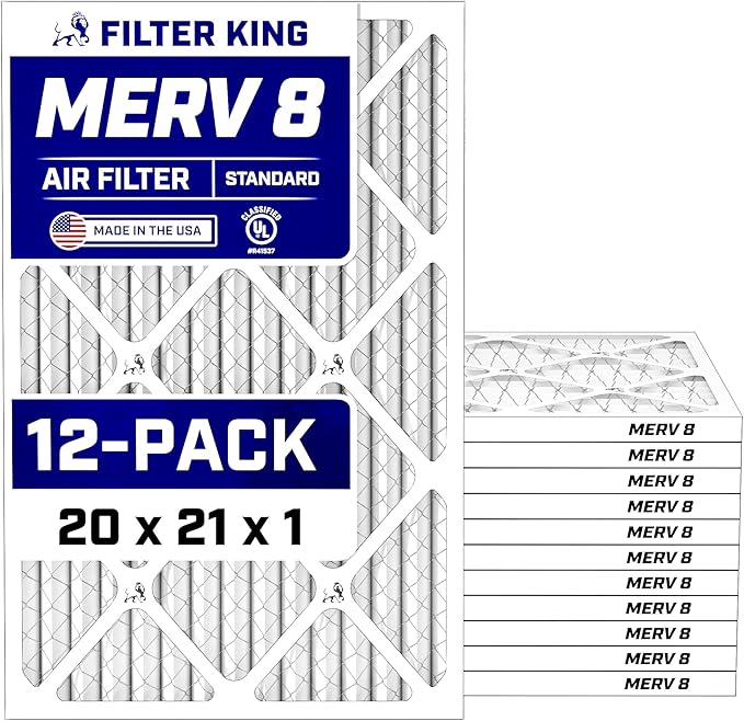 Filter King 20x21x1 Air Filter (MERV 8) (12-Pack) Dust & Allergy Control AC Furnace Filters, MADE IN USA, HVAC, Pleated, Electrostatic (Actual Size: 20 x 21 x .75)