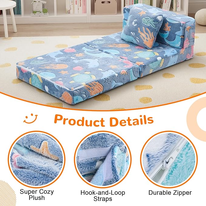 MeMoreCool Foldable Futon Chair Bed for Kids, Glow Tri-fold Sofa Bed Convertible Toddler Sofa Mattress, Foam Floor Couch for Sitting, Blue