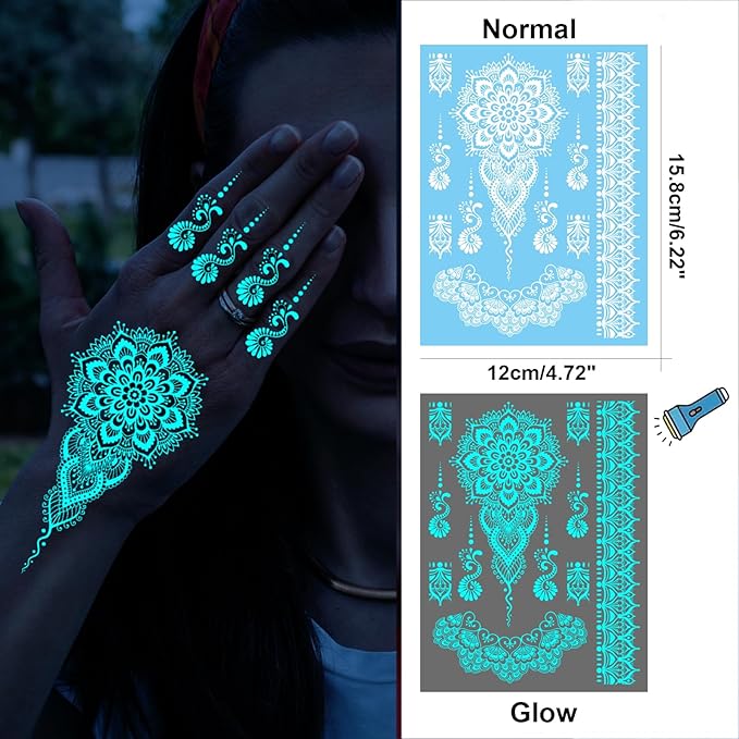 Blue Glow in the Dark Mandala Flower Temporary Tattoo for Women Hand, Realistic Luminous Floral Indian Lotus Fake Tattoo Sticker Adult Girl Finger, Large Henna Tribal Temp Tatoo Arm Body Art, 9-Sheet