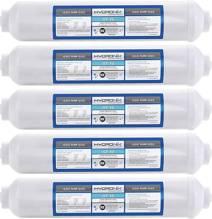 Hydronix 5 Pack ICF-10 Reverse Osmosis Post Polishing, Fridge & Ice Inline Coconut GAC Water Filter, 2000 Gal 1/4" NPT