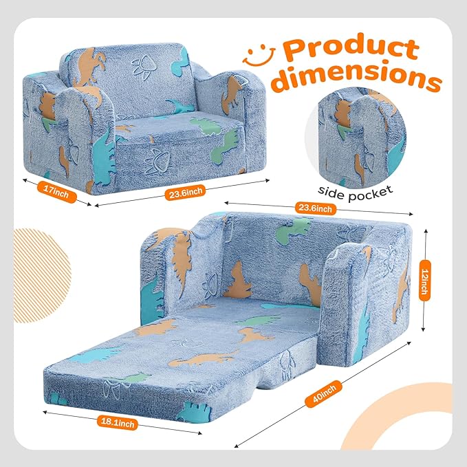 MeMoreCool Glowing Dinosaur Kids Chair, Glow-in-the-Dark Kids Couch for Boys Ages 1-3, 2-in-1 Convertible Fold-Out Sofa with Soft Foam and Washable Cover for Playroom and Reading | Living Room, Travel