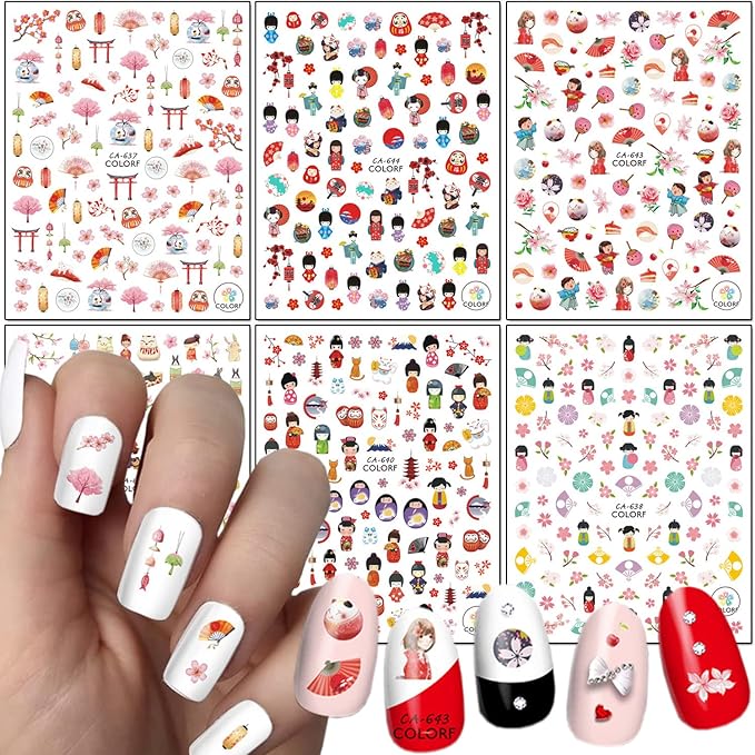Japanese Style Nail Art Stickers, Cherry Blossoms Nail Art Decals 3D Self-Adhesive Flowers Nail Stickers Design Kimono Girl Mask Fan Nail Decal for Women Girls Manicure Decoration DIY Nail Sticker