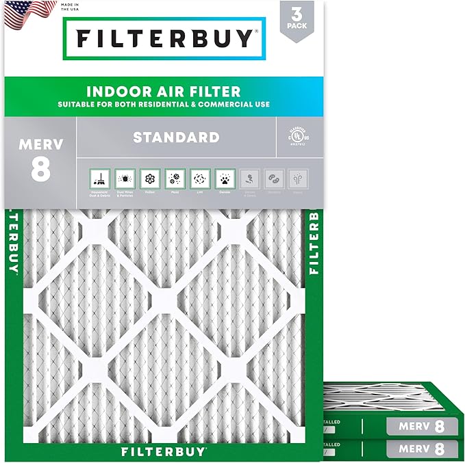 Filterbuy 15x20x1 Air Filter MERV 8 Essential Dust & Allergy Defense (3-Pack), Electrostatic Pleated HVAC AC Furnace Filters Replacement (Actual Size: 14.50 x 19.50 x 0.75)