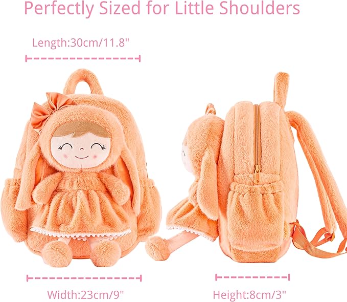 Gloveleya Back to School Gifts for Girls Toddler Backpack Plush Bag with Detachable Orange Rabbit 11 Inches Gift for Baby Girl Aged 2+