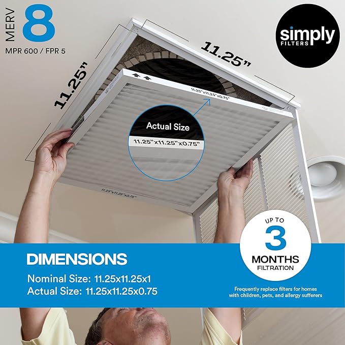 Simply 11.25x11.25x1 Air Filter, Merv 8, 4 Pack, For Home AC Furnace & HVAC (Actual Size: 11.25x11.25"x0.75") DUST, Pet, & Allergy Control