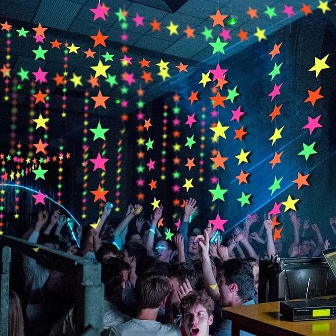 106feet Glow in The Dark Neon Star Paper Garland Under Blacklight for Birthday Party Supplies and Decorations Hanging Fluorescent Green Pink Streamers for Party Favors Wedding Accessories