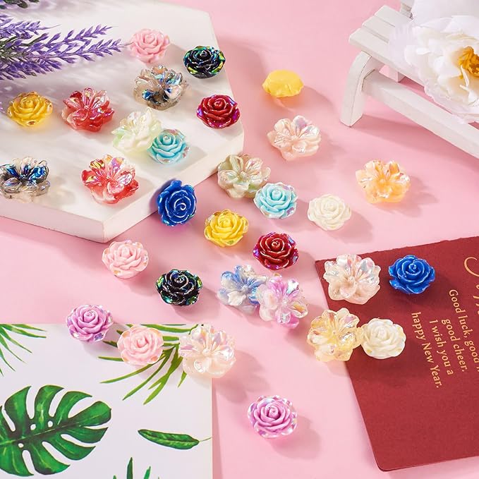 48Pcs Glow in The Dark Flat Back 3D Flower Cabochons Luminous Rose Flower Cabochons Embellishment Resin Floral Spring Beads for Phone Cases Scrapbooking DIY Decoration