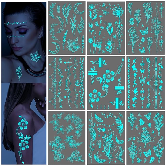 Realistic Flower Plant Blue Glow in the Dark Tattoo Temporary for Adult Women, Luminous Floral Leaf Butterfly Face Fake Tattoo Sticker Girl Arm Hand, Sexy Feather Temp Tatoo Body Art Makeup, 9-Sheet