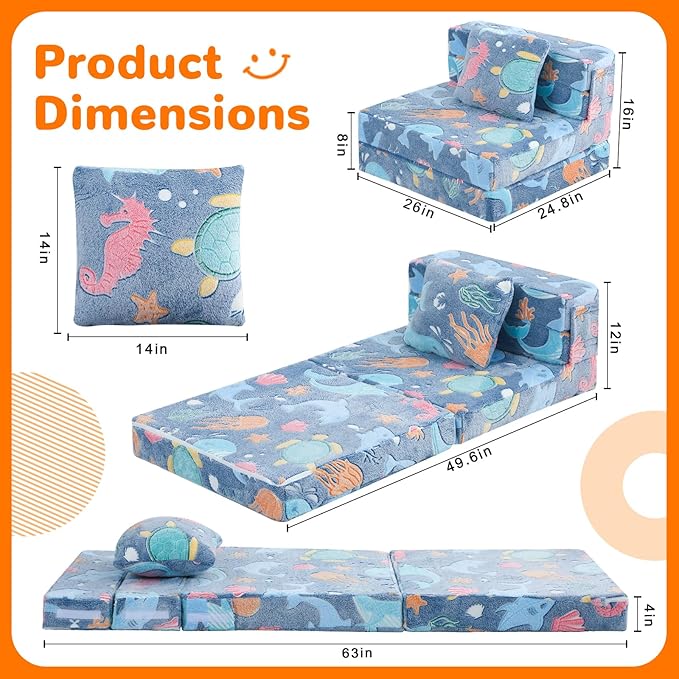 MeMoreCool Foldable Futon Chair Bed for Kids, Glow Tri-fold Sofa Bed Convertible Toddler Sofa Mattress, Foam Floor Couch for Sitting, Blue