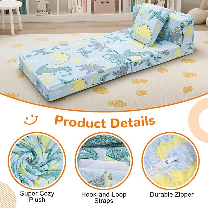 MeMoreCool Glow Dinosaur Tri-fold Sofa Bed for Kids, Foldable Futon Mattress and Chair, Convertible Floor Couch for Playroom