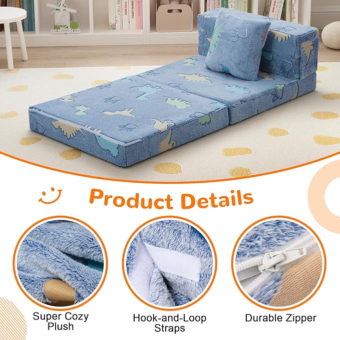 MeMoreCool Foldable Futon Chair Bed for Kids, Glow Tri-fold Sofa Bed Convertible Toddler Sofa Mattress, Foam Floor Couch for Sitting, Blue