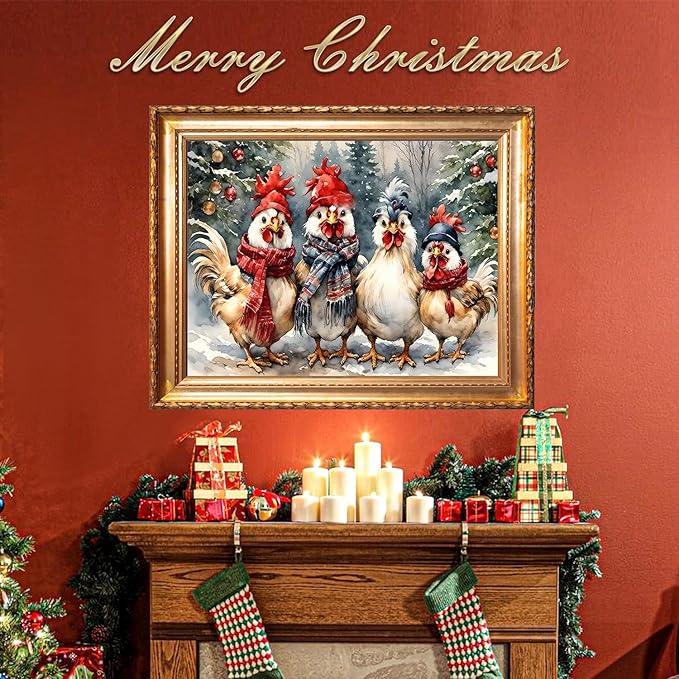 Ekuxom Chicken Diamond Art Kits for Adults, Winter Christmas Diamond Art Kits for Adults, Full Round Christmas Chicken Diamond Painting Gem Art Home Wall Decor 16x12 inch