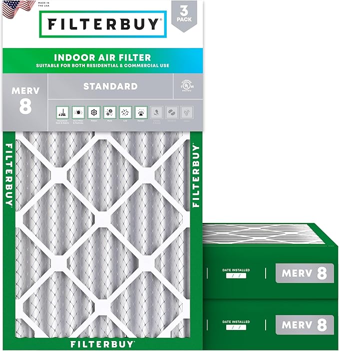 Filterbuy 12x24x4 Air Filter MERV 8 Essential Dust & Allergy Defense (3-Pack), Electrostatic Pleated HVAC AC Furnace Filters Replacement (Actual Size: 11.50 x 23.38 x 3.63)