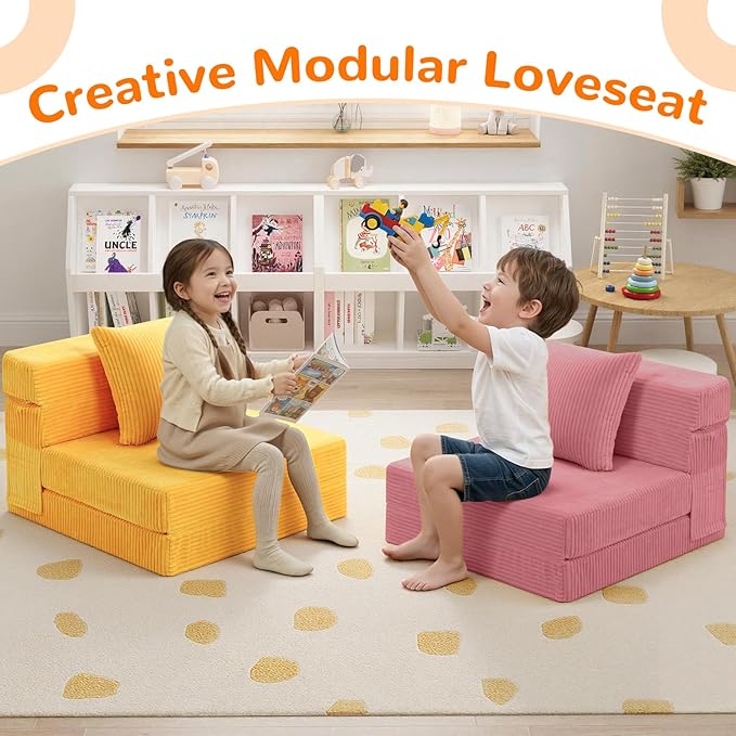 MeMoreCool Folding Sofa for Kids, Corduroy Fold Out Futon Chair, Small Foldable Floor Mattress, Portable Children Couch Sofa, Yellow