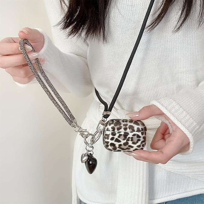 Black Translucent Leopard Print Silicone Case for AirPods Pro 3 (2025) - Cute Shockproof Cover with Detachable Long Neck Lanyard, Travel Keychain, MagSafe Compatible,for Women & Men