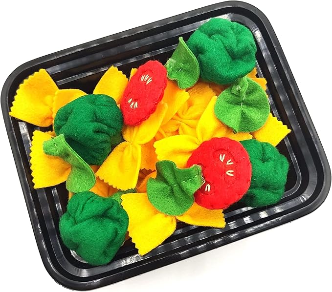 Pasta with broccoli, farfalle, bow tie pasta, felt play food for kids kitchen, pretend play for kids (yellow, set 2 (farfalle, broccoli, tomatoes, basil))