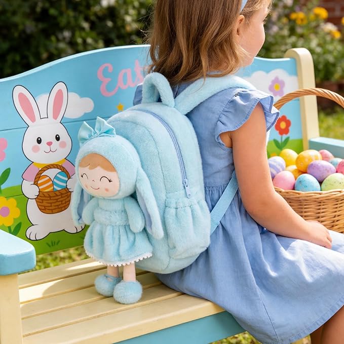Gloveleya Back to School Gifts for Girls Toddler Backpack Kids Backpack Baby Girl Gift Plush Bag with Pure Blue Rabbit Doll Aged 2+