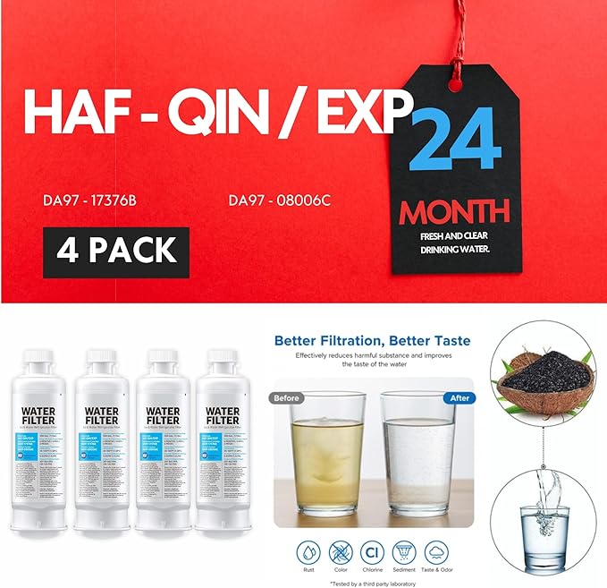 HAF-QIN/EXP DA97 Water Filter Replacement – Compatible with DA97-17376B – Carbon Block 99% Contaminant Reduction – Fresh Water & Ice – 24 Month Life 4 PACK