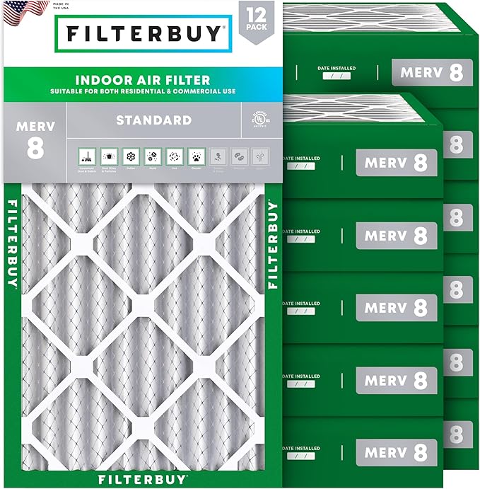 Filterbuy 12x20x4 Air Filter MERV 8 Essential Dust & Allergy Defense (12-Pack), Electrostatic Pleated HVAC AC Furnace Filters Replacement (Actual Size: 11.50 x 19.50 x 3.63)