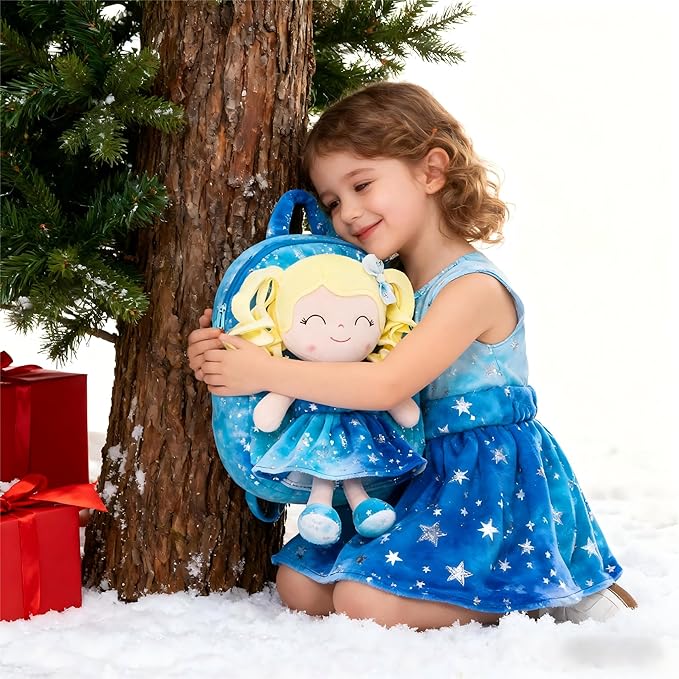 Gloveleya Toddler Backpack Baby Girl Gifts Plush Curly Girl Doll Backpacks Blue Dress with Glitter Stars 9 inches