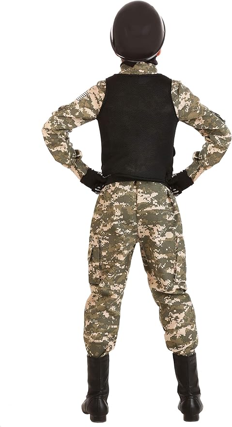 Kids Battle Soldier Costume | Boys Army Tactical Camouflaged Jumpsuit, Halloween Outfit with Skull Mask & Accessories